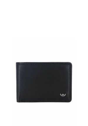 Portefeuille bifold en cuir noir avec une couture minimaliste et un petit emblem argenté dans le coin inférieur droit, isolé sur fond blanc.