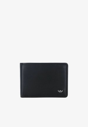 Portefeuille bifold en cuir noir avec une couture minimaliste et un petit emblem argenté dans le coin inférieur droit, isolé sur fond blanc.