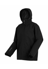 Veste imperméable noire à capuche avec fermeture éclair intégrale à l'avant et poignets ajustables, conçue pour la protection contre les intempéries en extérieur.