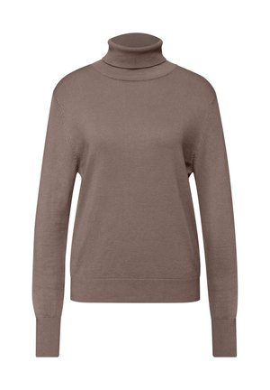 Hnědý rolák vyrobený z měkké tkaniny. Obsahuje dlouhé rukávy, přiléhající krk a žebrované lemy. Jednoduchý, nezdobený design.