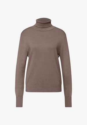 Bruine coltrui gemaakt van zachte stof. Heeft lange mouwen, een aansluitende hals en ribgebreide randen. Eenvoudig, onbewerkt ontwerp.