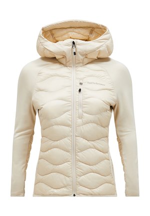 Beige insulated jacket with hood, featuring quilted pattern, zippered front, and side pockets. Smooth fabric texture with soft finish.