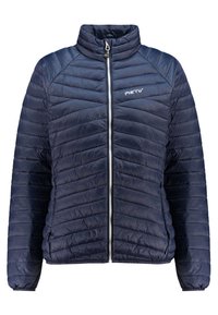 Giacca isolante blu navy con zip frontale, colletto alto e motivo trapuntato testurizzato. Logo del marchio visibile sulla parte sinistra del petto.