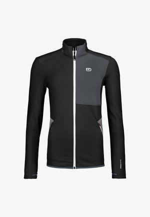 Black and gray zip-up jacket with high collar, long sleeves, two side pockets, and white zipper, featuring a small white logo on the chest.