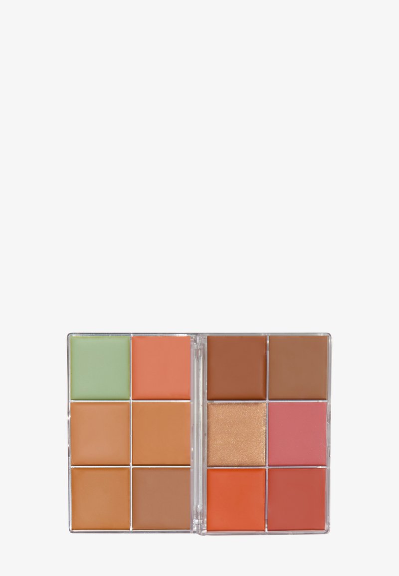 Palette mit 12 quadratischen Cremetönen in Pastell- und warmen Farbtönen. Die Farben umfassen Grün, Pfirsich, Orange, Braun, Pink und einen schimmernden Finish. Transparente Verpackung.