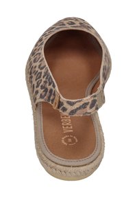 Leopard print sandal with a soft fabric upper, beige accents, an elastic band for fit, and a textured espadrille-style sole.