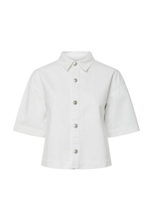 Fehér rövid ujjú, gombos ing, hegyes gallérral és öt látható ezüst gombbal az elején.
