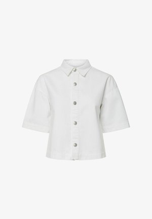 Fehér rövid ujjú, gombos ing, hegyes gallérral és öt látható ezüst gombbal az elején.