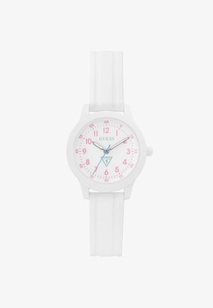 Orologio da polso con cinturino in silicone bianco, numeri rosa, lancette delle ore e dei minuti argento, lancetta dei secondi blu e logo Guess sul quadrante bianco.