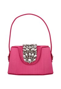 Rosa Satin-Handtasche mit strukturiertem Design, einem Verschluss verziert mit silberfarbenen Kristallen und einem dünnen Schulterriemen.