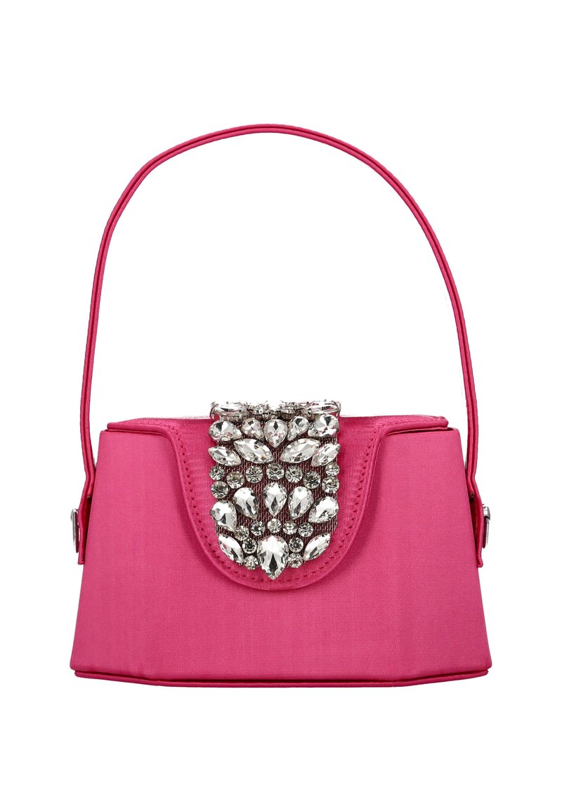 Rosa Satin-Handtasche mit strukturiertem Design, einem Verschluss verziert mit silberfarbenen Kristallen und einem dünnen Schulterriemen.