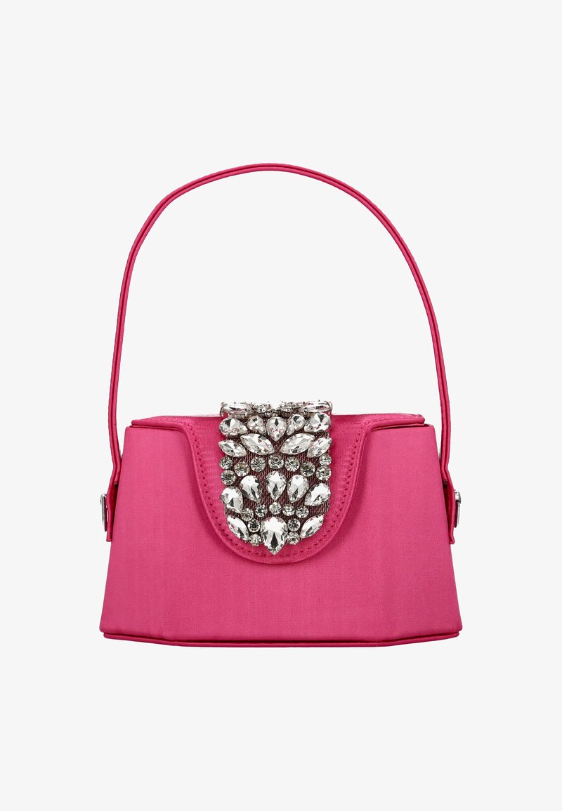 Rosa Satin-Handtasche mit strukturiertem Design, einem Verschluss verziert mit silberfarbenen Kristallen und einem dünnen Schulterriemen.