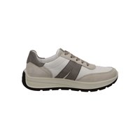 White and gray low-top sneaker with suede and leather panels, lace-up closure, and a thick black and white rubber sole.