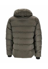 Daunenjacke in dunkelolivgrün mit gesteppten Abschnitten, Kapuze und elastischen Ärmelbündchen, aus einem glatten, strapazierfähigen Stoff gefertigt.