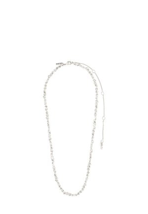 Srebrny naszyjnik łańcuszkowy z zaokrąglonymi, połączonymi koralikami oraz regulowanym zapięciem z łańcuszkiem przedłużającym.