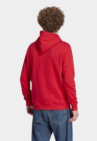 Osoba s kudrnatými vlasy, oblečená v červené mikině s kapucí a modrých džínách, viděná zezadu na jednobarevném pozadí.