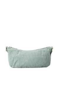 Sac en velours côtelé vert avec une texture douce, une forme allongée et une fermeture zippée. Il dispose d'une seule sangle et d'un motif strié subtil.
