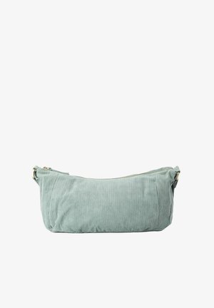 Sac en velours côtelé vert avec une texture douce, une forme allongée et une fermeture zippée. Il dispose d'une seule sangle et d'un motif strié subtil.