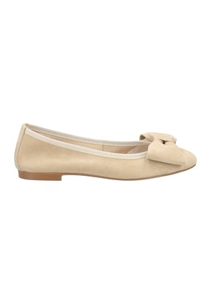 Beige suede ballet flats with a rounded toe and a bow accent; features elastic trim along the opening and a low, brown heel.