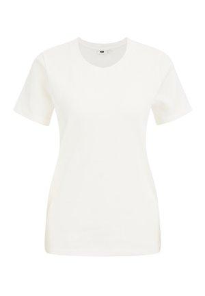 Balta medvilninė marškinė su trumpomis rankovėmis ir apvalia iškirpte. Lygus paviršius, laisvas kirpimas, be matomų raštų ar logotipų.