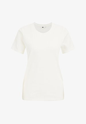 Witte katoenen t-shirt met korte mouwen en een ronde halslijn. Gladde textuur met een relaxte pasvorm en geen zichtbare patronen of logo's.