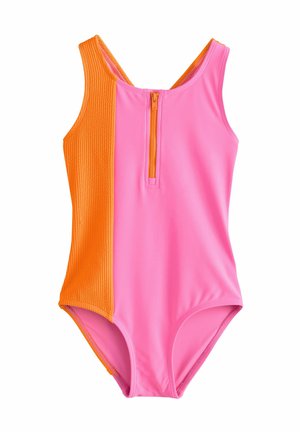 Maillot de bain une pièce avec des panneaux rose et orange, côté texturé orange, fermeture éclair au niveau du cou et finition en tissu lisse.
