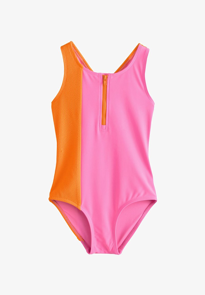 One-piece swimsuit with pink front and textured orange side panel, featuring a small front zipper at the chest.