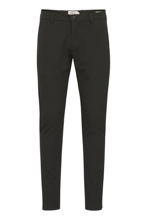 Sorte slim-fit bukser lavet af glat stof med knaplukning, bælteskloops, frontlommer og et rent, minimalistisk design.
