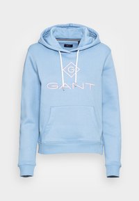Lichtblauwe hoodie van katoenmix, met een voorvak, geribbelde manchetten en een groot roze logodesign op de borst.