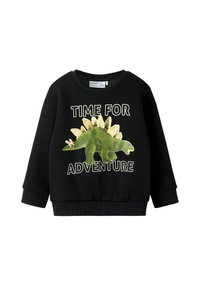 Felpa nera con design di un dinosauro verde con spine testurizzate, e la scritta "TIME FOR ADVENTURE" in lettere bianche.