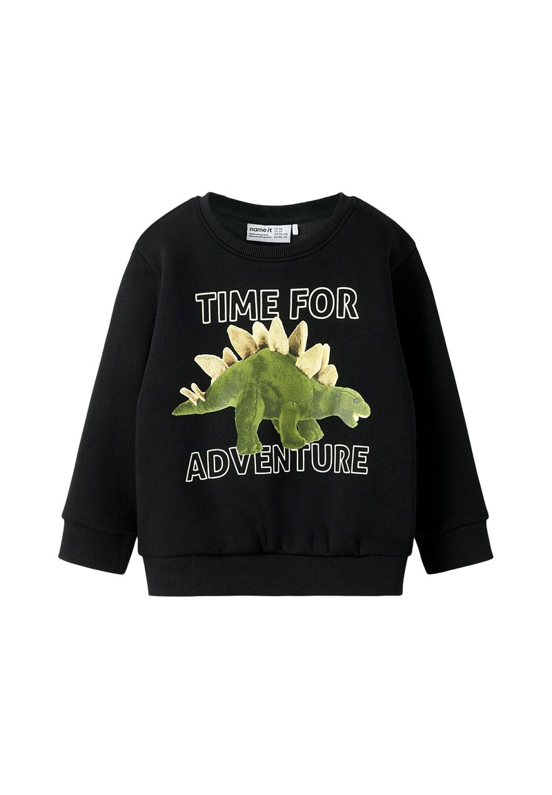 Felpa nera con design di un dinosauro verde con spine testurizzate, e la scritta "TIME FOR ADVENTURE" in lettere bianche.