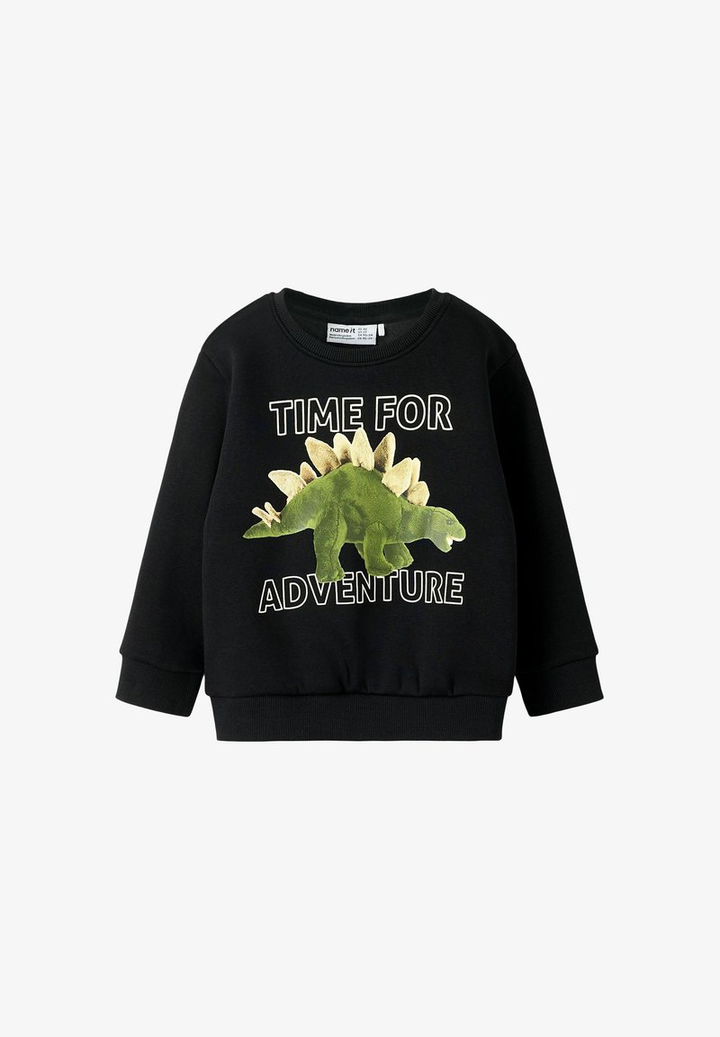 Felpa nera con design di un dinosauro verde con spine testurizzate, e la scritta "TIME FOR ADVENTURE" in lettere bianche.