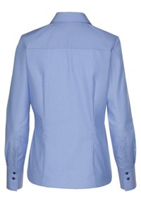 Light blue long-sleeve shirt with a pointed collar, smooth texture, and dark button accents on cuffs and back placket detail.