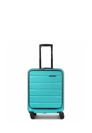Valise cabine rigide turquoise avec quatre roues multidirectionnelles et une poignée rétractable noire déployée vers le haut.