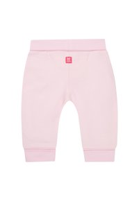 Helle pinke Baumwoll-Sweatpants mit einem elastischen Bund und Bündchen. Mit einem kleinen roten Logo-Tag auf der Rückseite. Glatte Textur und entspannter Schnitt.
