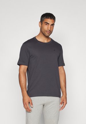 Herren T-Shirt mit kurzen Ärmeln in Dunkelgrau, aus Baumwolle gefertigt. Verfügt über einen Rundhalsausschnitt und ein kleines Logo auf der Brust. Glatte Textur und schlichtes Design.