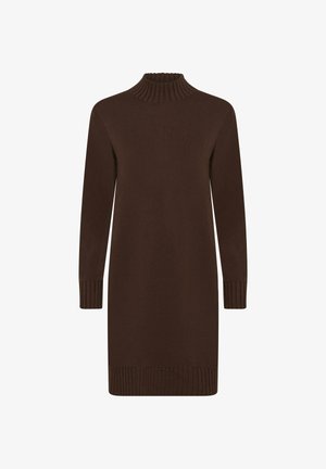 Brązowa dzianinowa sukienka z wysokim prążkowanym dekoltem, długimi rękawami oraz prążkowanymi mankietami i dołem. Gładka tekstura i luźny krój.