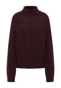 Vyno raudonos spalvos megztinis su iškiliu raštu, aukštu kaklu, didelio dydžio modeliu, tekstūriniais raštais ir gofruotais rankogaliais bei apačia.