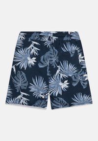 Marineblauwe shorts met een wit en grijs tropisch bladprint en een achterzak, plat weergegeven op een lichte achtergrond.