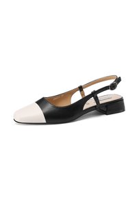Scarpe slingback in pelle bianca e nera con punta quadrata, caratterizzate da una punta a cappuccio bianca contrastante, un tacco a blocco piccolo e una fibbia regolabile alla caviglia.