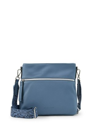 Blue textured crossbody bag with front zip pocket, floral patterned adjustable strap, and silver hardware clasps.