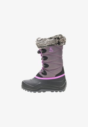 Hoge grijze en zwarte winterboot met een nepbont kraag, paarse accenten, een gestructureerde bovenkant en een rubberen zool. Voorzien van verstelbare veters.