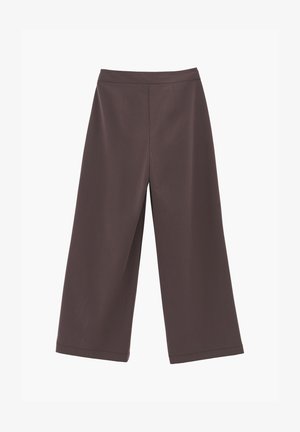 Weit geschnittene, kurz geschnittene Hosen in Dunkelbraun mit hoher Taille und sauberen Frontnähten, dargestellt vor einem schlichten weißen Hintergrund.