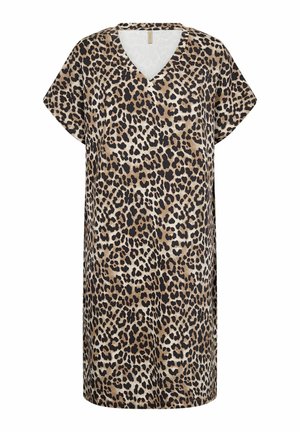V-kaula leopardikuvioinen mekko beigen ja ruskean sävyissä, joka on löysästi istuva ja lyhyillä hihoilla, pehmeällä pinnalla.