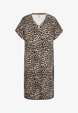 V-kaula leopardikuvioinen mekko beigen ja ruskean sävyissä, joka on löysästi istuva ja lyhyillä hihoilla, pehmeällä pinnalla.