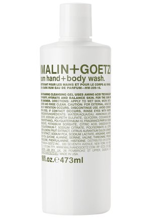 White bottle with a rounded shape, featuring green text. Contains 473ml of rum hand and body wash. Simple design, plastic material.