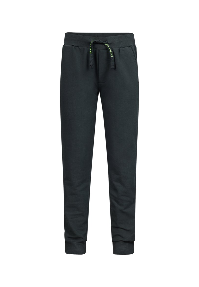 Dunkelgraue, schmal zulaufende Sweatpants mit elastischen Bündchen, verstellbarem Taillenbund, seitlichen Taschen und Logo-Akzent am Bein. Aus weichem Baumwollmaterial.