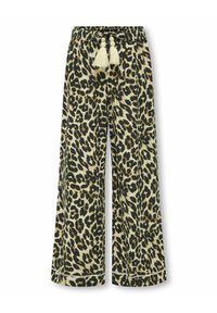 Kalhoty s širokými nohavicemi vyrobené z látky se vzorem leopardího tisku v odstínu taupe a černé. Elastický pas s dekoračními třásněmi a začištěným okrajem.