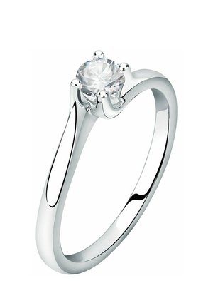 Silver engagement ring featuring a round clear gemstone set in a six-prong mount, smooth band with a polished finish.