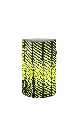 Scaldacollo tubolare in tessuto giallo e nero con strisce diagonali e logo Buff su sfondo bianco.